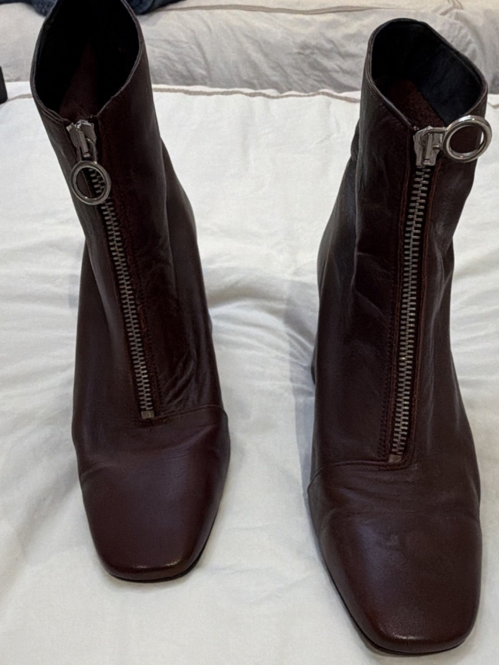 Zara Trafaluc Burgundy Leather Front Zip Square Toe Ankle Boots Block Heel EU 40